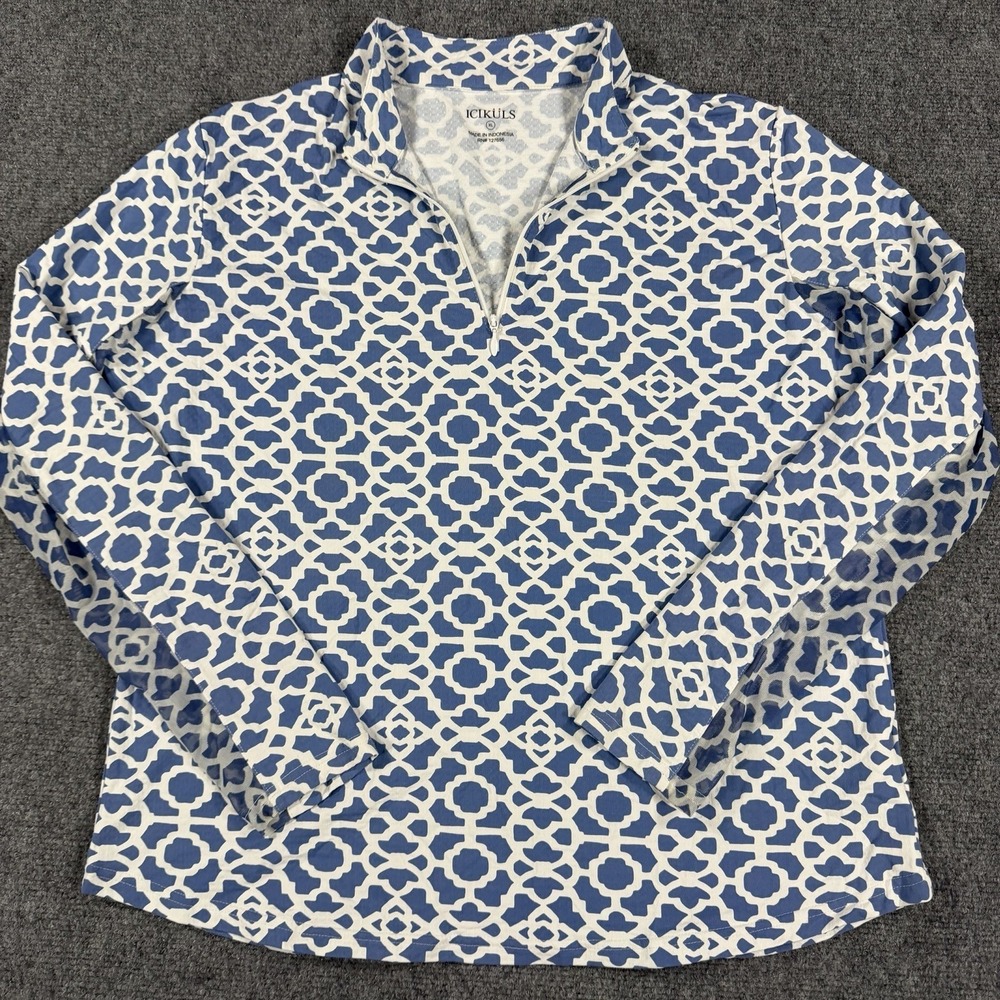 Icikuls Top Women XL Blue White Geometric Long Sleeve Mesh 1/4 Zip Pullover Golf